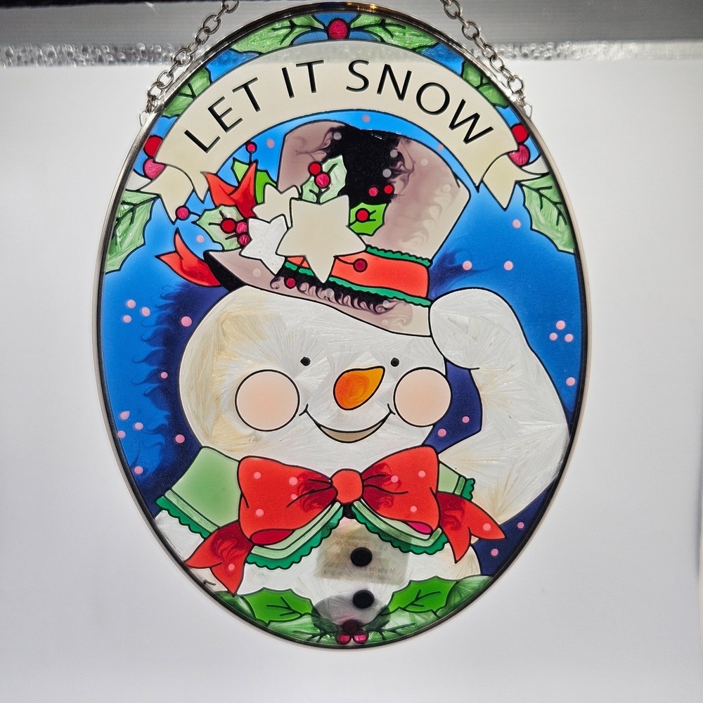 Joan Baker Designs Let It Snow Snowman‎ Glass Window Suncatcher 7" Hand Painted